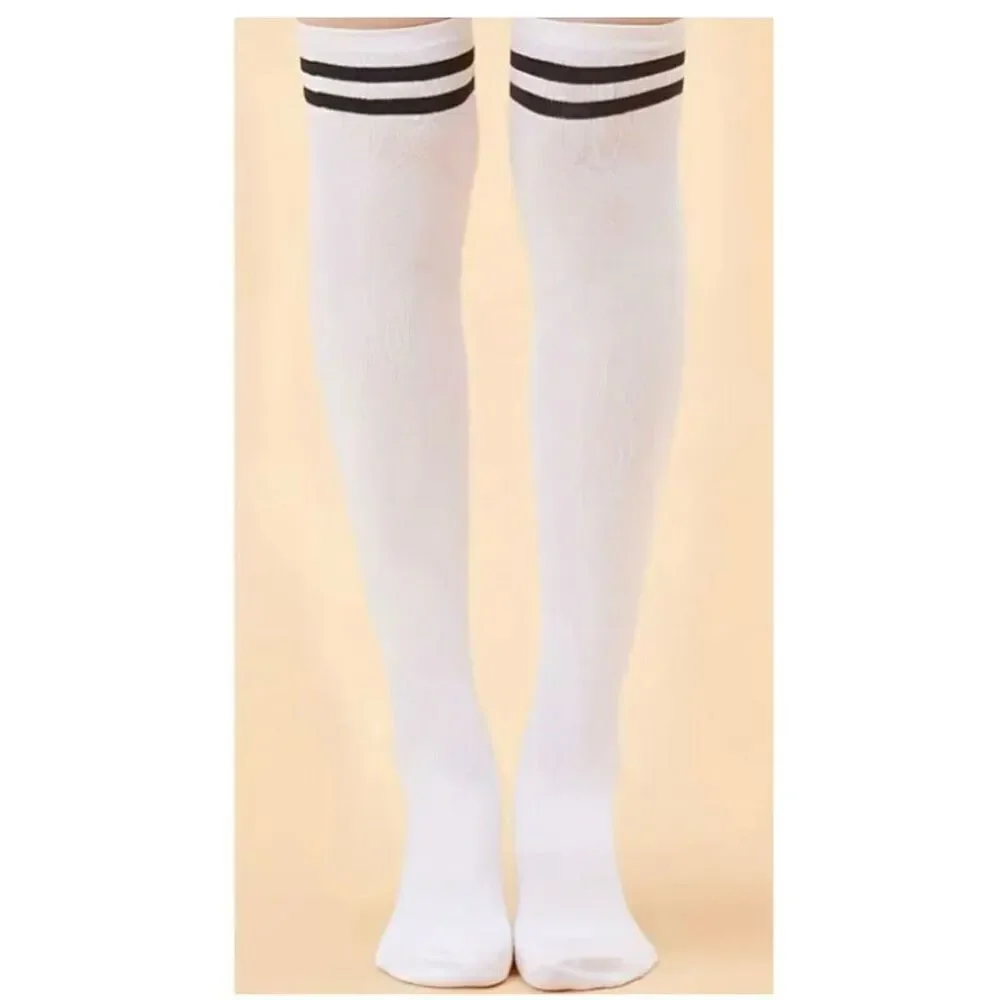 White Thigh-High Socks With Black 3-Stripe Over-Knee-One Size